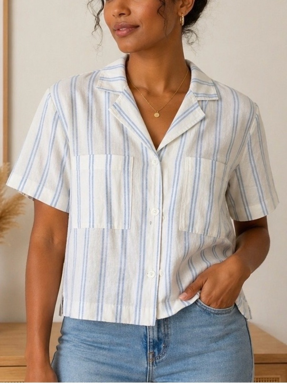 Buffalo David Bitton Linen Blend Striped Camp Shirt Top Blue White Small